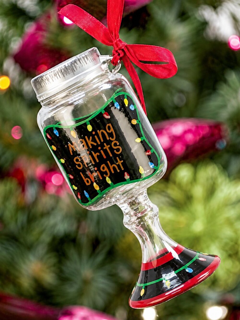 "Making Spirits Bright" Holiday Ball Jar Red Neck Wine Glass Ornament